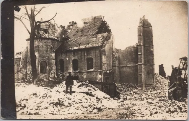 Vintage 1910s WWI RPPC Real Photo Postcard Church Building / Bombing Damage