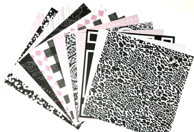 12X12 Scrapbook Paper lot 14 Sheets Pink Black White Prints Card