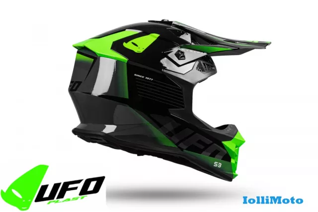 Casco Ufo Intrepid Cross per Motocross Enduro Motard Atv Nero Lucido/Verde Fluo