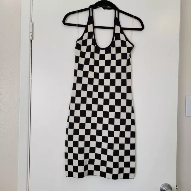 Just Polly Halter Dress Juniors Large Black White Check Knit Pull-on