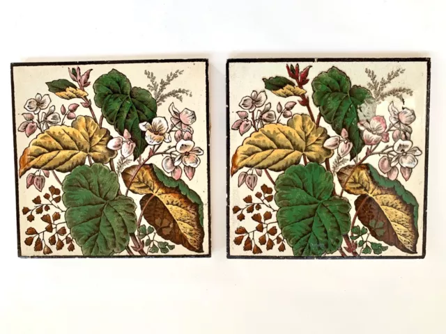 Pair Antique Victorian Arts & Crafts Aesthetic Movement Ceramic Tiles