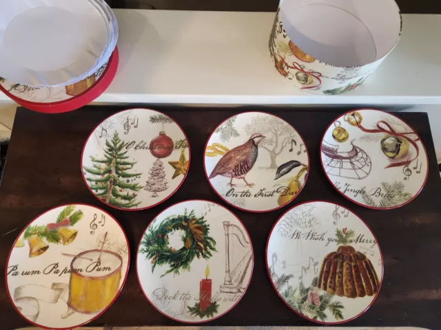 6 Williams-Sonoma 2011 Christmas Carols Salad 8 3/4” Plates With Original Box