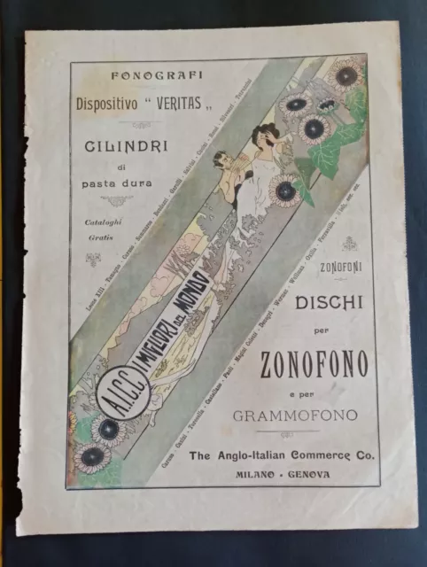 Bellissima rara pubblicità del 1903 Fonografi AICC originale, da rivista d'epoca