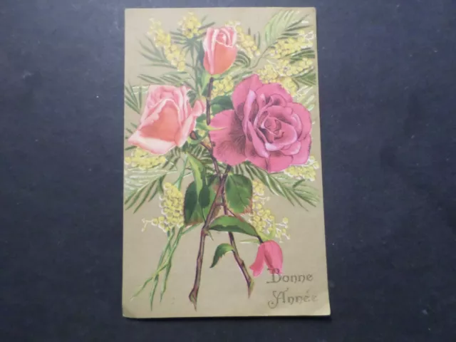 CP Tarjeta Postal Fantasía, Buena Año Flores Rosas, VF Postal Card