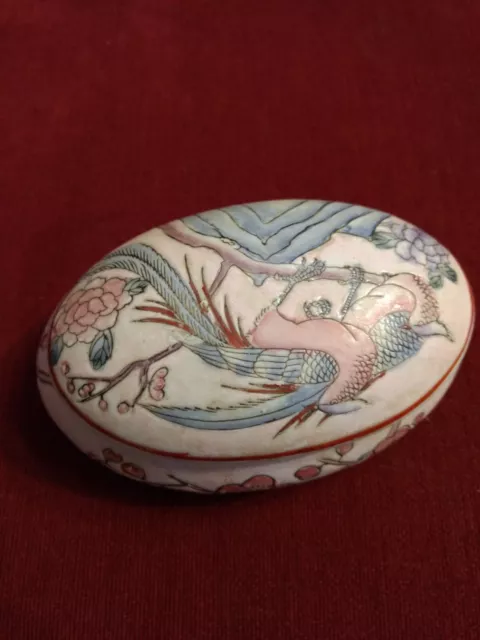 1920's Chinese Trinket Box Oval Porcelain Hand Painted by H F P  Mauac