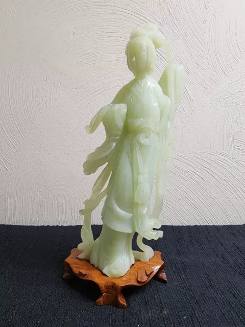 Chinese Carved Jade Geisha With Wooden Stand. 11” Tall