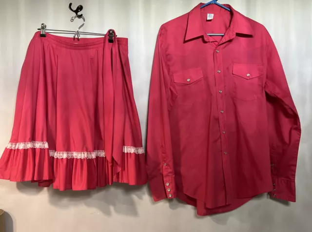 Vintage Malco Modes Square Dance Skirt Set 51” chest Western Pink Pearlish snaps