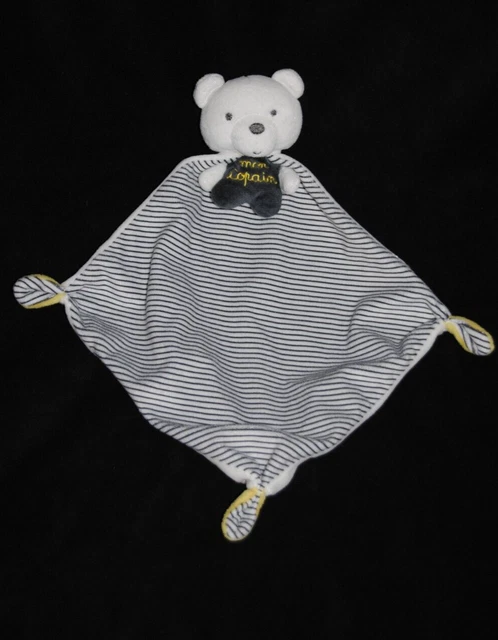Doudou plat ours cape Mon copain MOTS D'ENFANTS Leclerc blanc gris rayé TTBE