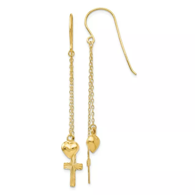 14k 14kt Yellow Gold Rope Chain Puffed Heart Diamond Cut Cross Dangle Earrings