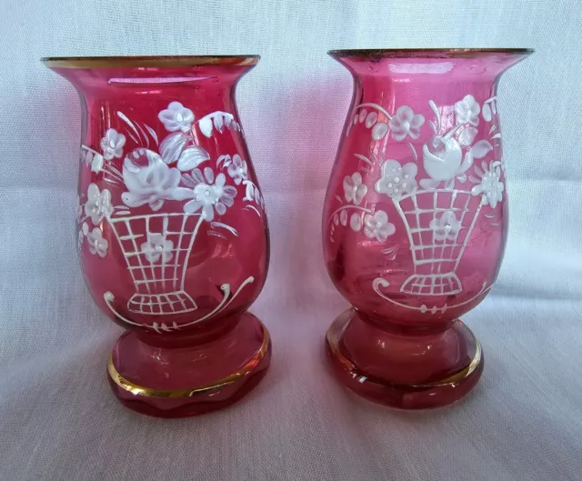 Cranberry Glass Mini Vases Pair White Enamel Roses Lily of Valley Gold Edging 3"