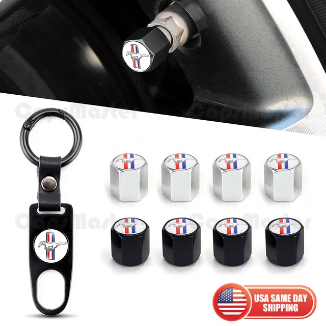 Car Wheels Tire Valve Dust Stem Air Cap Cover + Keychain Ring Fit Mustang Sport