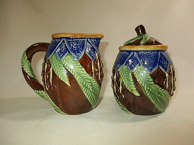 Vtg. Nouveau Majolica Wanjiang Brown Green Leaf Glazed Creamer & Sugar