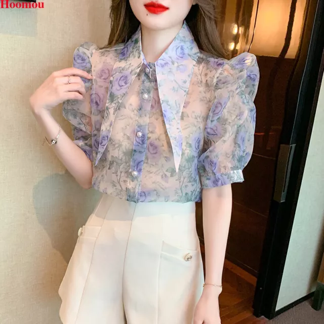 Korean Fashion Womens Floral Chiffon Casual Puff Sleeve Fairy Tops Blouse Shirt