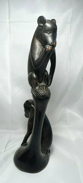 Vtg Ironwood Carved Wood Monkeys Eating & Covering Eye Statue Figurine Sculpture