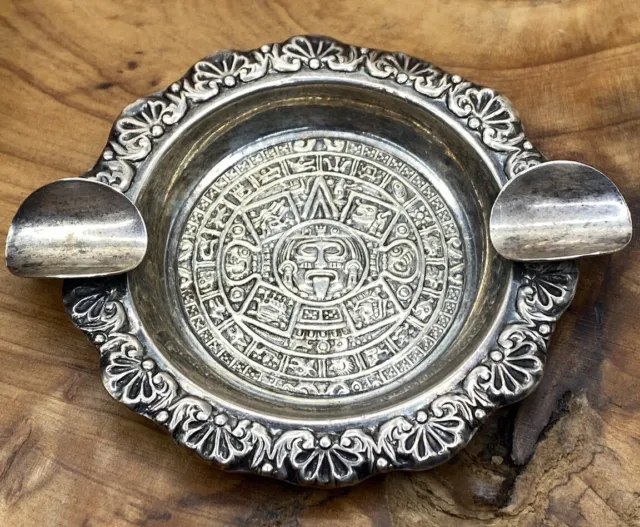 Vintage Mexico Sterling Silver Mayan Calendar Ashtray