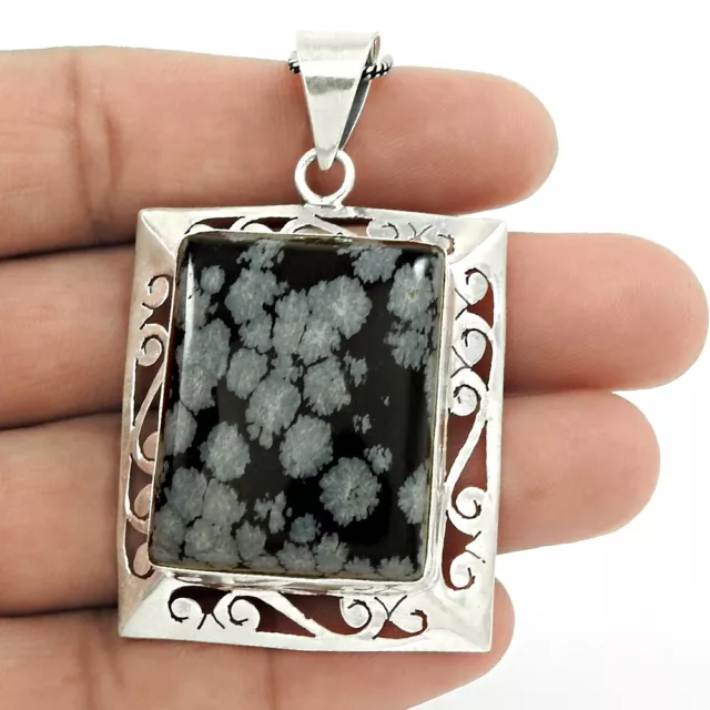 Natural Copo de Nieve Obsidiana Colgante Piedra Preciosa Bohemio Negro 925 Plata