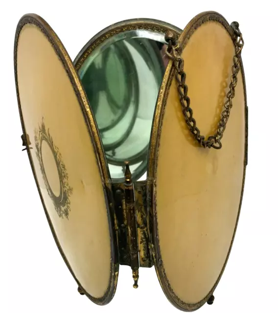 Oval Trifold Celluloid Vanity Tabletop Shaving Mirror c1910 Decorative Hinges