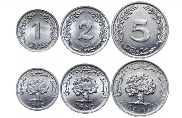 Set 3 Coins Tunisia 1+2+5 Millimes 1960 +2005 Aluminium Cork Oak Tree UNC