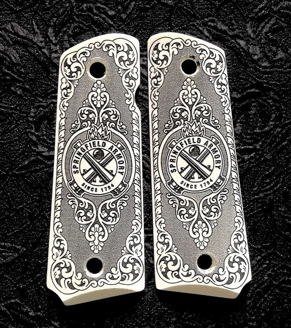 1911 Springfield Armory Custom Engraved Wood Grips – Gold Silver Logo Scrollwork, Handgun Grip Panels By Colt