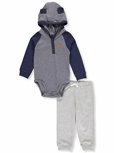 Carter's Baby Boys' 2 Piece Hooded Bodysuit Pants Set (Newborn, Navy/Grey)