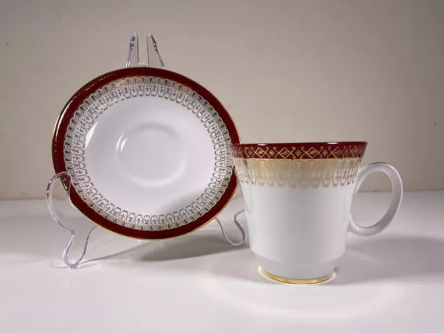 Royal Grafton Tea Cup + Saucer Majestic Maroon Red Gold Geometric Filigree VGC