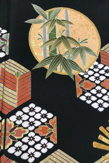 @@Japanese vintage kimono/ tomesode black silk fabric/ plum blossom, bamboo A61 6