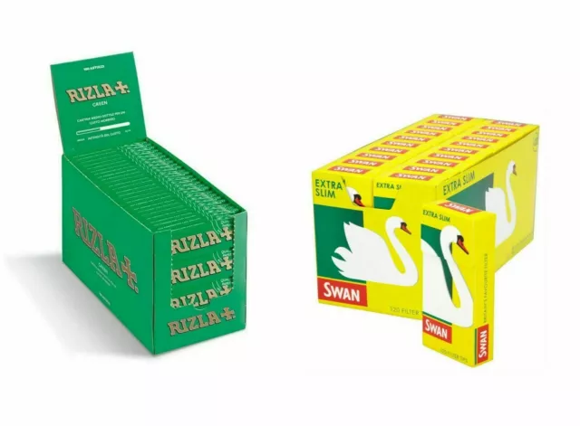 1200 RIZLA GREEN Rolling PAPERS (24) & 1200 SWAN EXTRA SLIM Filter TIPS (10)