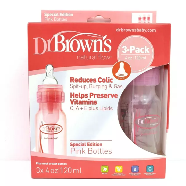 Dr Browns Natural Flow 0m+ Level1 Special Edition Pink 4oz Bottles Narrow 3 Pack