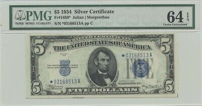 1934 $5 Silver Cert FR#1650* PMG 64 CH UNC EPQ Star Note