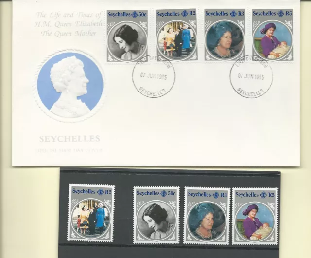 JUEGO OFICIAL DE 2 FDC y MNH SEYCHELLES 1985 CON S/S SC 567-71 QUEEN MUM 85 DÍA B