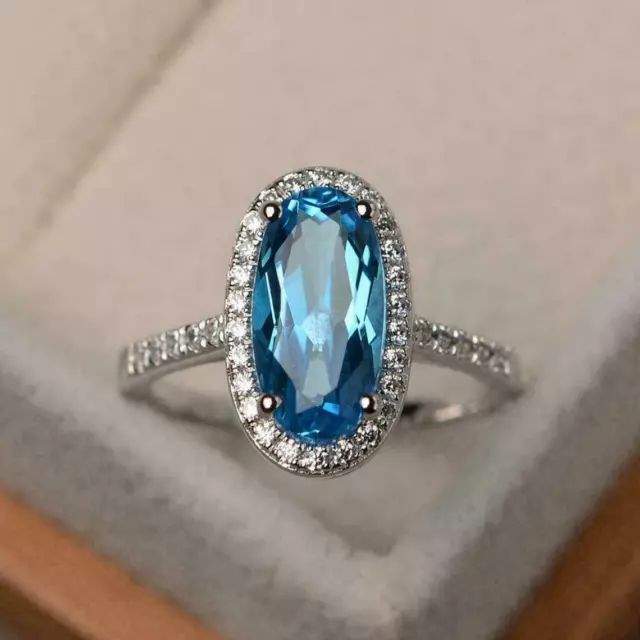 4CT OVAL LAB Created Blue Topaz Diamond Halo Engagement Ring White Gold ...