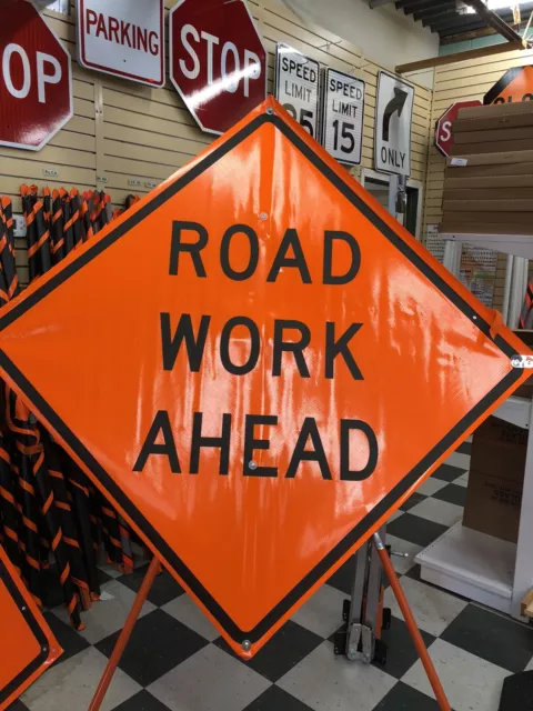Road Work Ahead Fluorescent Vinyl With Ribs Roll Up Road Sign 48"x48"