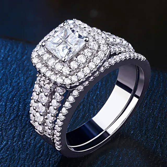 Wedding Ring Set for Women Bridal Engagement Ring Princess Cz Sterling Silver