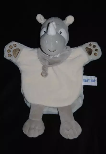 Peluche doudou marionnette rhinocéros BABY'NAT BN0397 blanc gris bandana NEUF