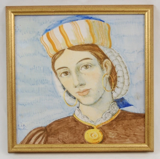 Handpainted Faience Pottery Portrait Plaque of Young Woman signed Aquila
