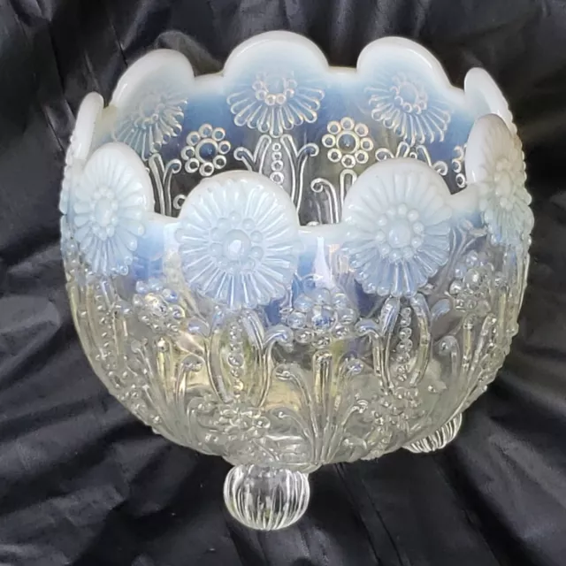 1900's Northwood Glass Footed Rose Bowl Pearl Flowers Blue Opalescent