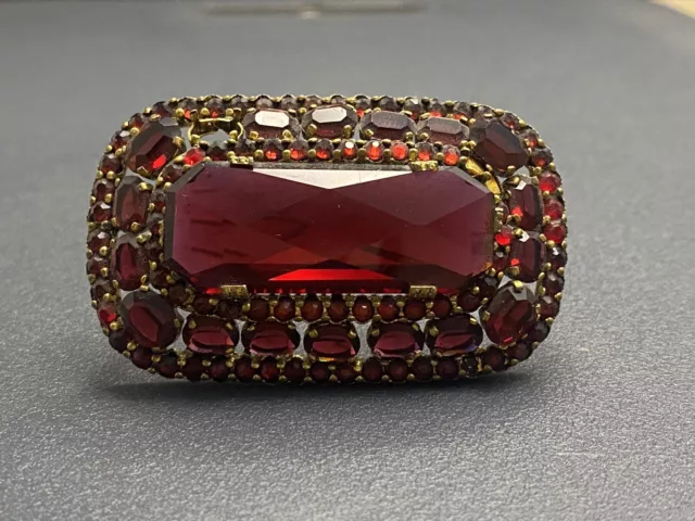 Vintage Signed CZECH Heavy Red Rhinestone Glass Gold Tone Brooch NEEDS REPAIR