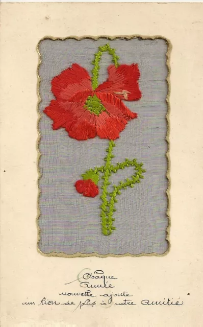 Carte Postale Fantaisie Brodee Fleur Rouge