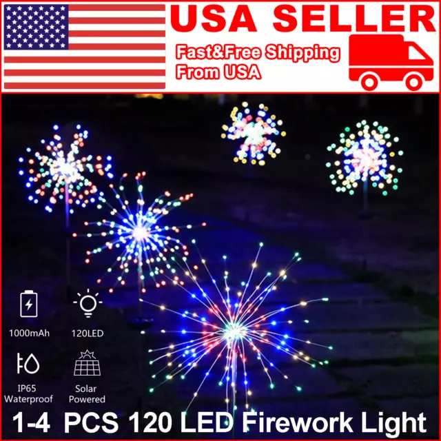 1-4 PCS Outdoor 120 LED Solar Firework Lights Fairy Waterproof Garden Decor Lamp