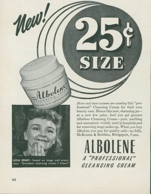 1942 Albolene Facial Cleansing Cream Leila Ernst Movie Star Vintage Print Ad L24