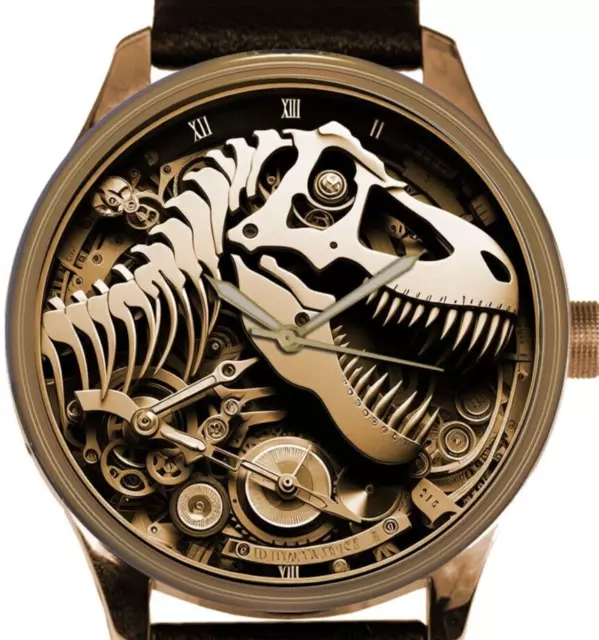Shiny Metallic Dial Postmodern Dinosaur T-Rex Steampunk Art Collectible Watch