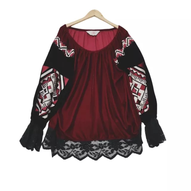 ROJA Burgundy Velvet Embroidered Festival Boho Gypsy Off Shoulder Top Sz XXL