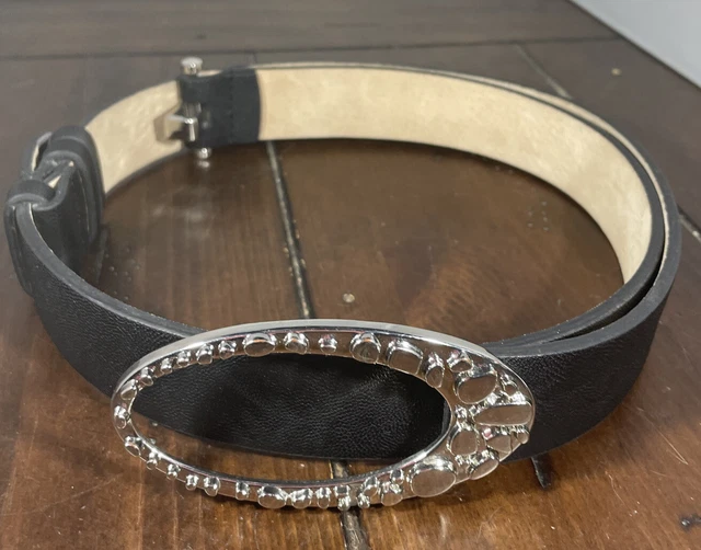Chico's Black Leather Smooth Silver Tone Hook Oval Buckle Belt Size S/M