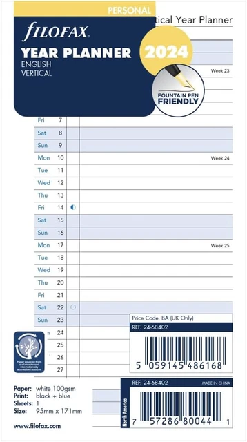 CALENDAR INSERT PERSONAL Year Planner Vertical (E)2024 $39.70 - PicClick AU