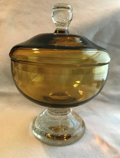 Footed Large Amber and Clear Glass Urn / Dish / Jar with Lid ~ Excellent Cond.