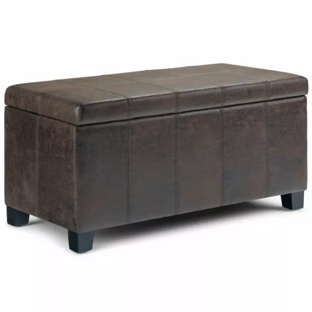 Simpli Home Dover Faux Leather Storage Ottoman Bench in Brown