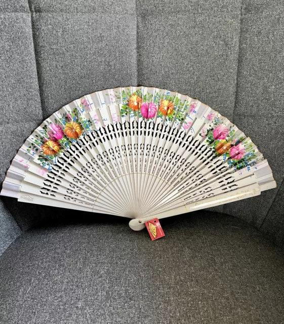 Vtg 9" Wood & Silk Folding Fan Hand Painted Barcelona Spain Spanish Flamenco