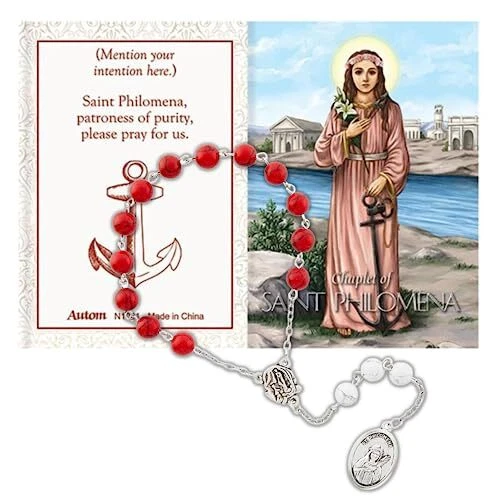 Needzo Catholic Chaplet with Prayer Card, St. Philomena Devotional Set, Patron