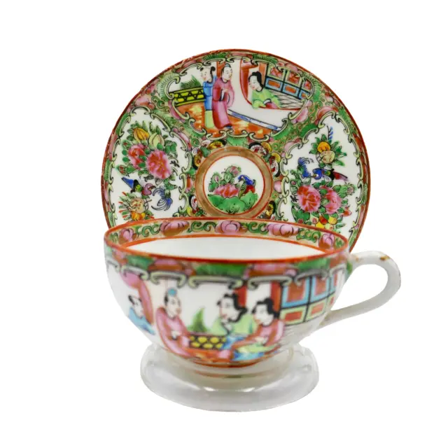 Chinese Famille Rose Wide Cup Saucer Hand Painted Scenes Porcelain Antique