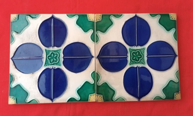 2 Piece Old Art Deco Flower Design Embossed Majolica Ceramic Tiles Japan 0103